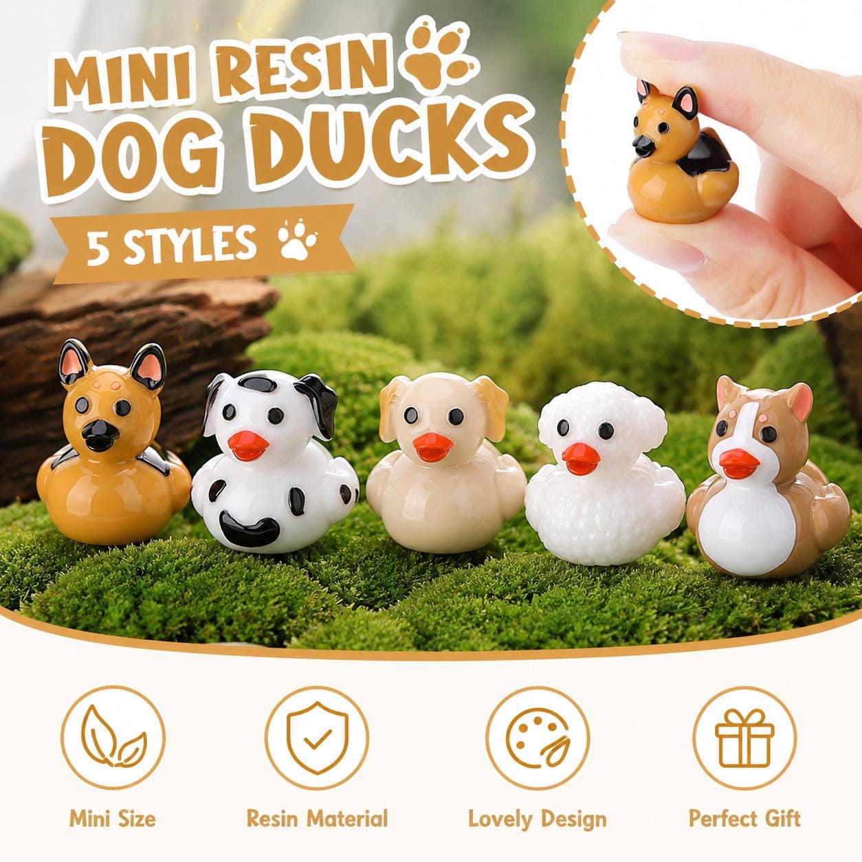 Mini Resin Dog Ducks – 5 Piece Set of Tiny Dog Duck Figurines, Mini Animal Ducks for Cruise Duck Hiding, Fairy Gardens, Cake Toppers, DIY
