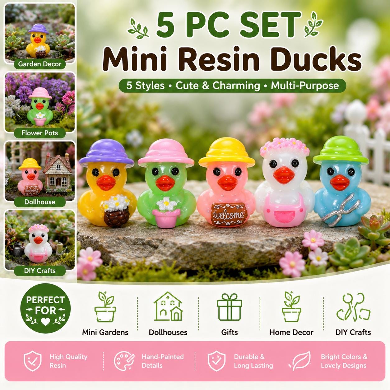 Mini Resin Ducks – 5 Pc Garden Duck Figurines Set, Tiny Flower Duck Miniatures for Fairy Gardens, Dollhouses, Plant Pots, DIY Crafts, Cruise