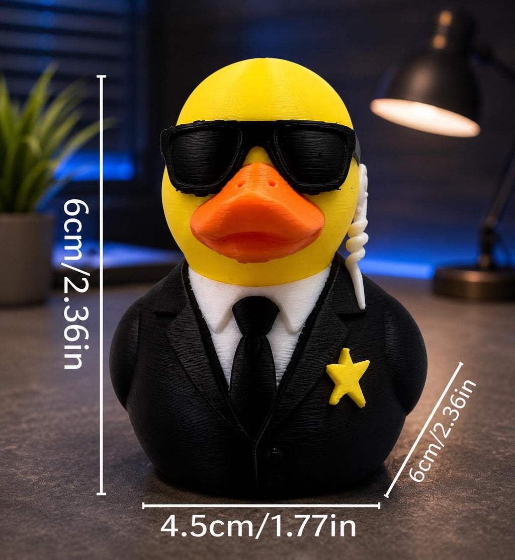 3D Printed Security Agent Duck | Secret Service Rubber Duck Figurine | Funny Spy Desk Decor & Collectible Gift