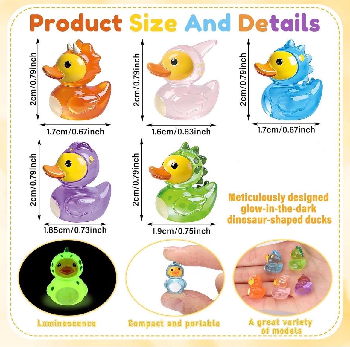Mini Resin Ducks – Glow in the Dark Dinosaur Duck Figurines, 5 Piece Luminous Mini Dino Duck Set, Tiny Resin Ducks for Cruise Ducking, Fairy
