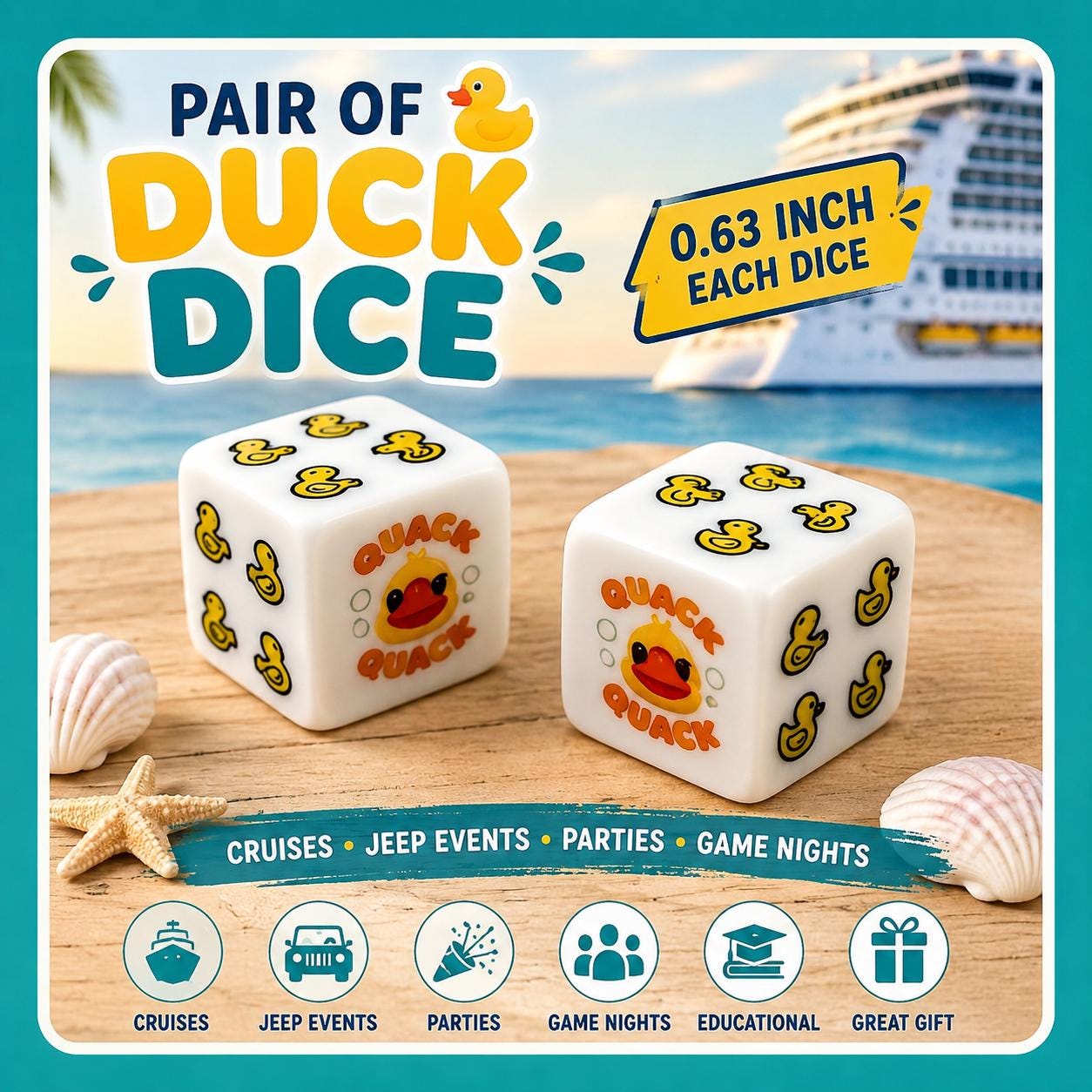 Pair of Duck Dice Set – Yellow Duck Game Dice for Cruise Ships, Jeep Events, Party Games & Game Nights