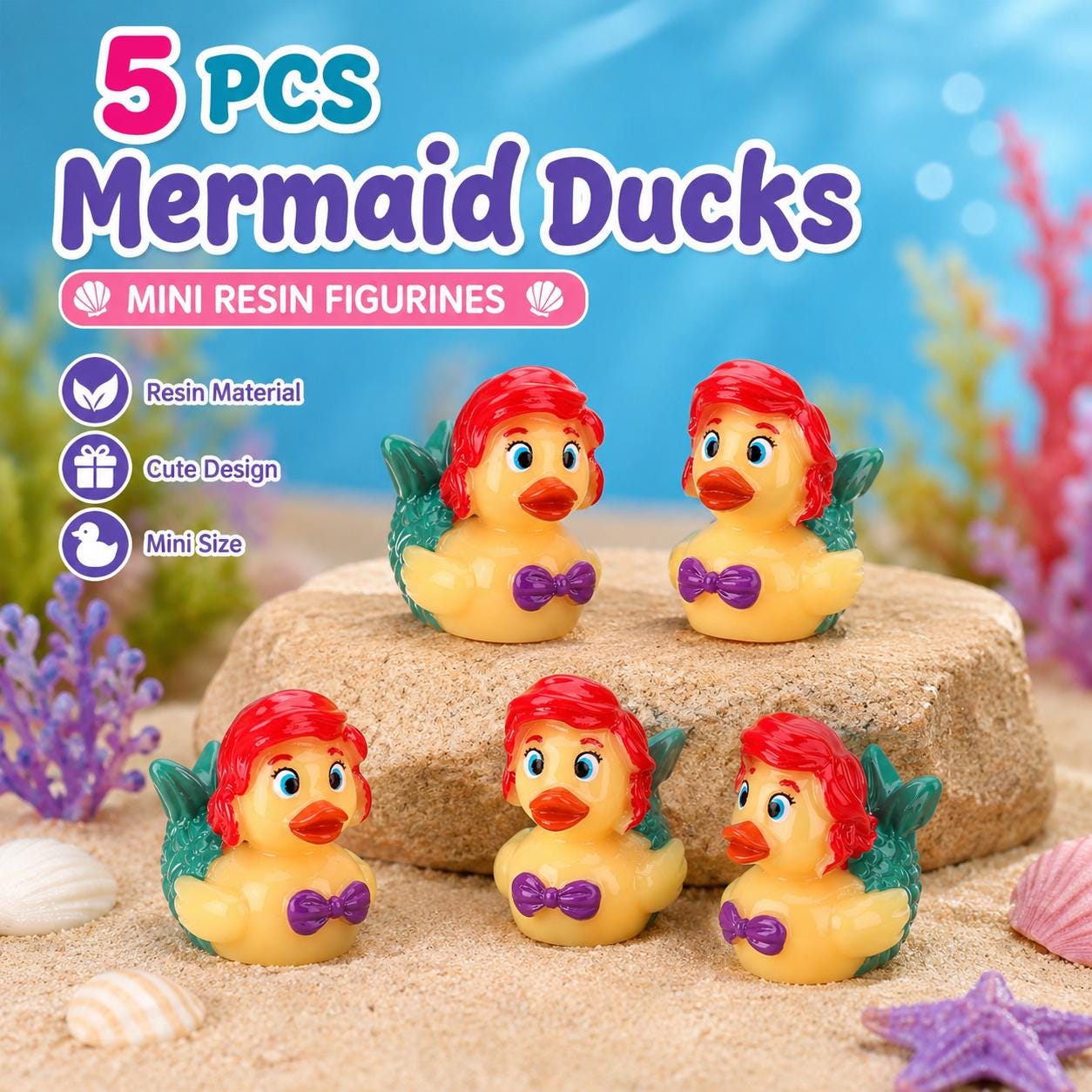 Mini Resin Ducks – 5 Piece Mermaid Duck Set, Tiny Mermaid Duck Figurines, Mini Resin Mermaid Ducks Bulk, Cruise Ducks, Party Favors, Fairy