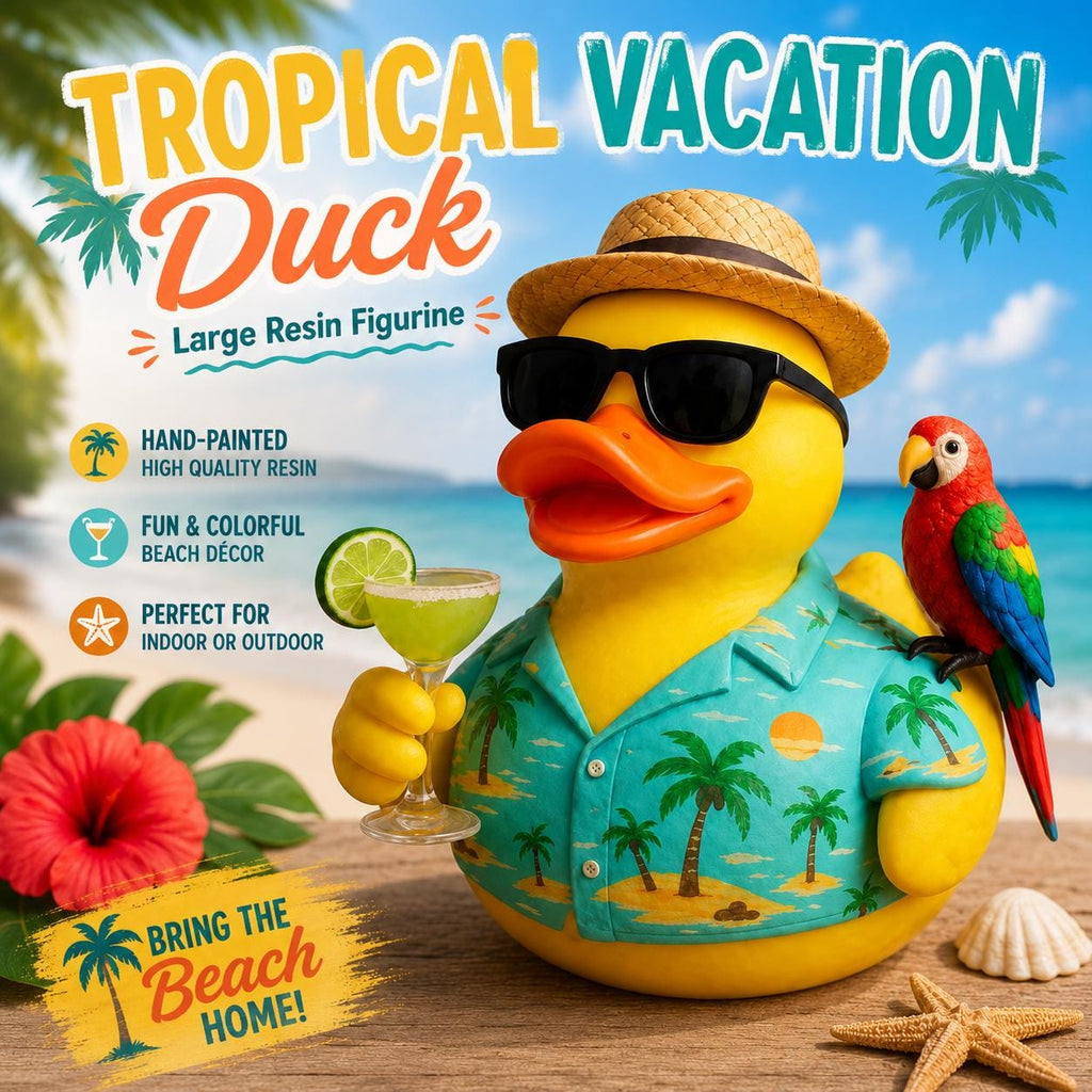 Large Resin Tropical Vacation Resin Duck – Beach Theme Duck Figurine with Parrot, Hawaiian Shirt & Margarita | Cruise Cabin Decor Jeep Duck