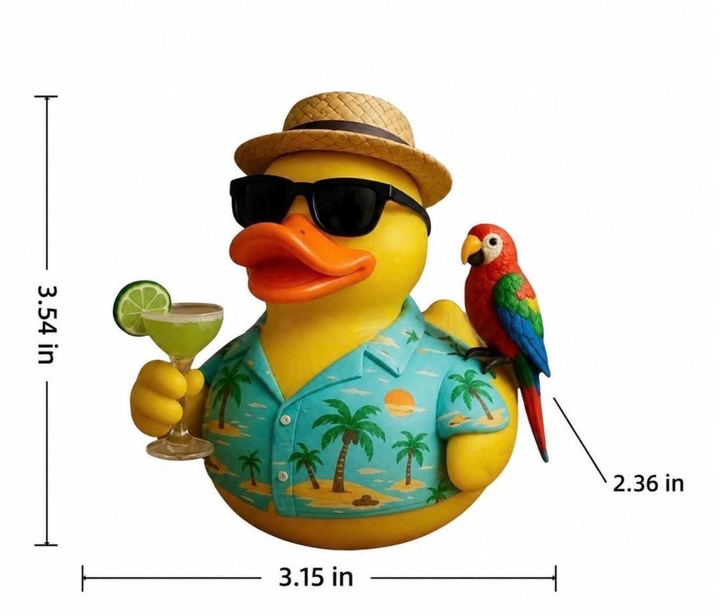 Large Resin Tropical Vacation Resin Duck – Beach Theme Duck Figurine with Parrot, Hawaiian Shirt & Margarita | Cruise Cabin Decor Jeep Duck