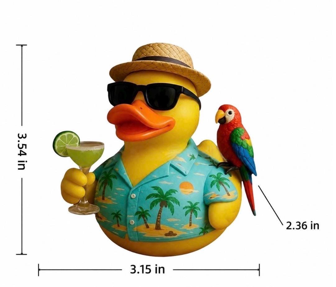Large Resin Tropical Vacation Resin Duck – Beach Theme Duck Figurine with Parrot, Hawaiian Shirt & Margarita | Cruise Cabin Decor Jeep Duck