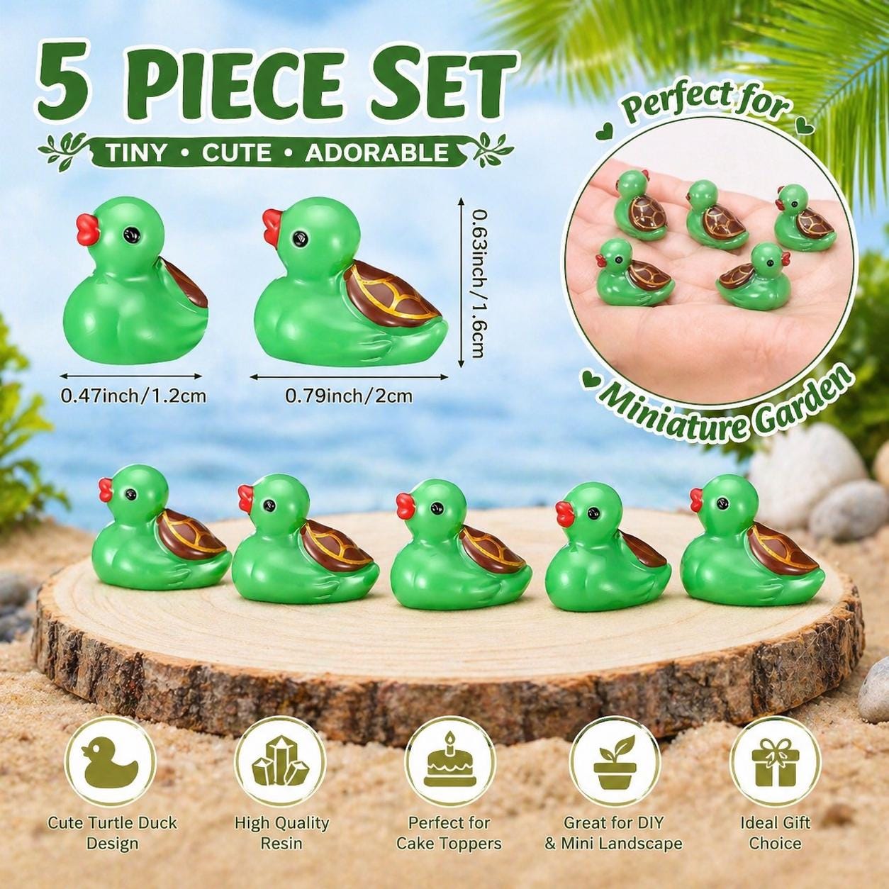Mini Resin Ducks - 5-Piece Turtle Duck Figurines, Tiny Resin Ducks, Fairy Garden, Cake Toppers, Mini Landscape