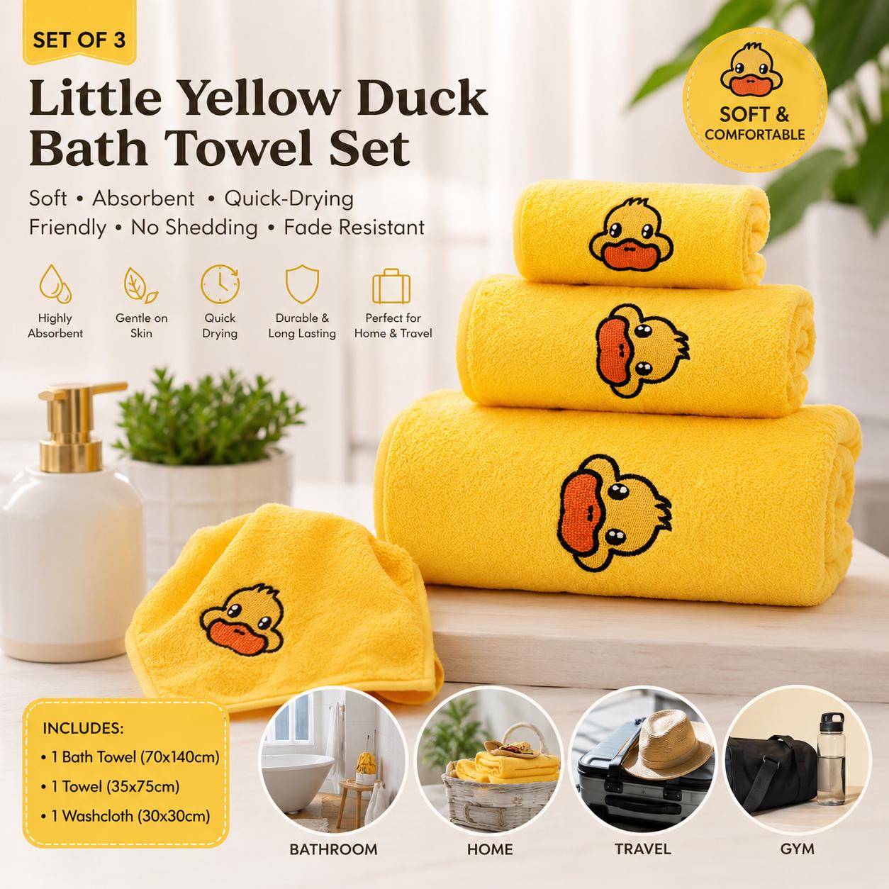 Embroidered yellow duck bath towel set, soft microfiber quick dry home travel