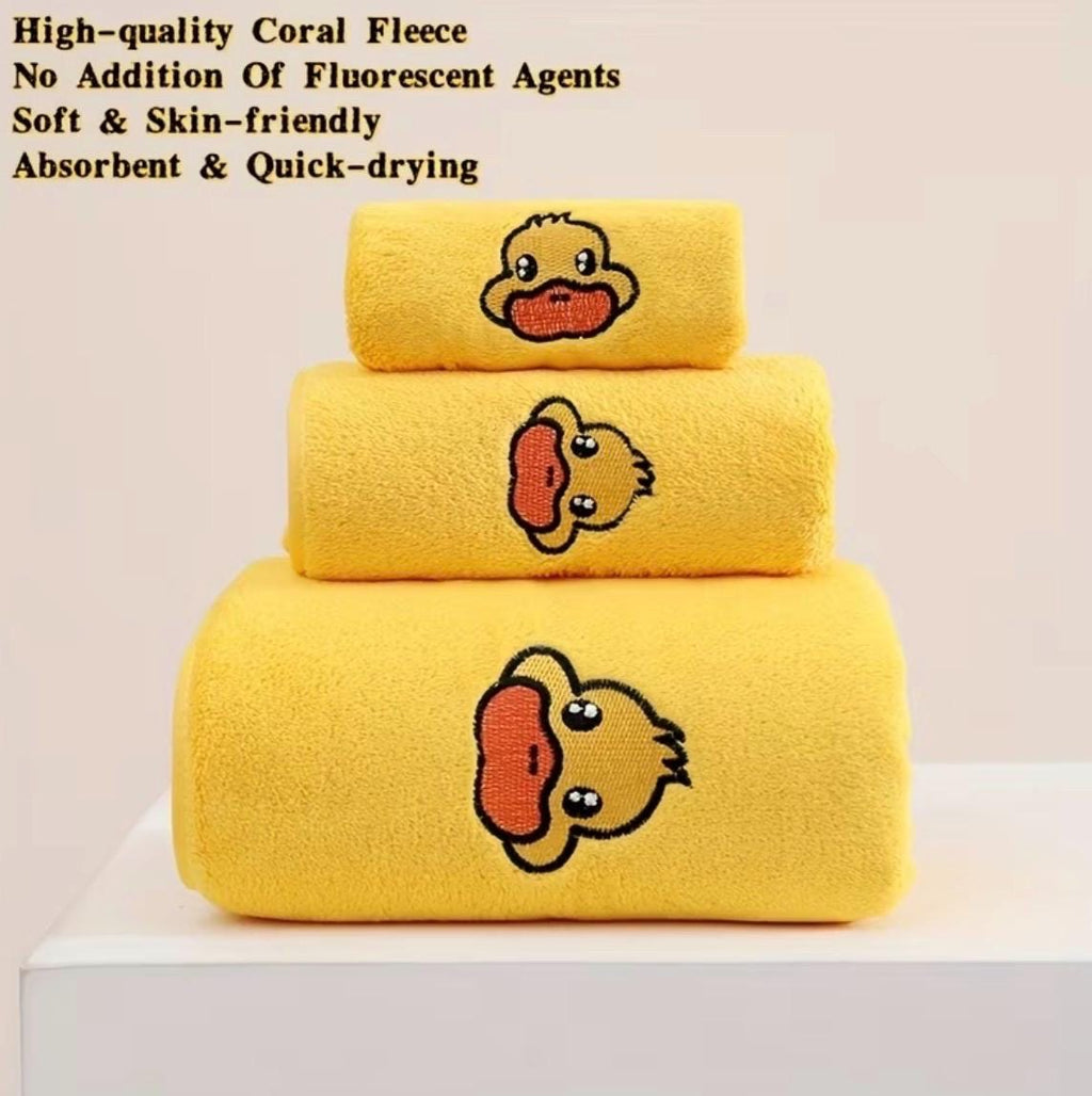 Embroidered yellow duck bath towel set, soft microfiber quick dry home travel