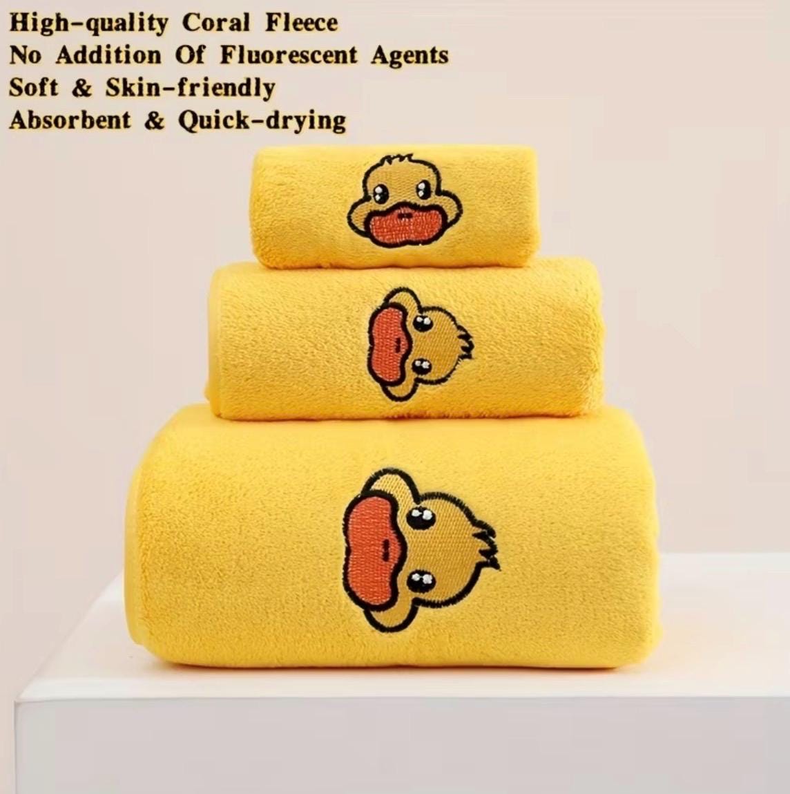 Embroidered yellow duck bath towel set, soft microfiber quick dry home travel