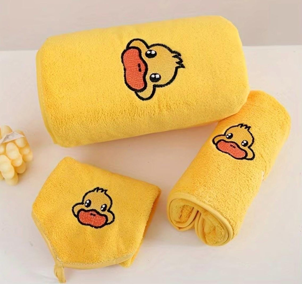 Embroidered yellow duck bath towel set, soft microfiber quick dry home travel