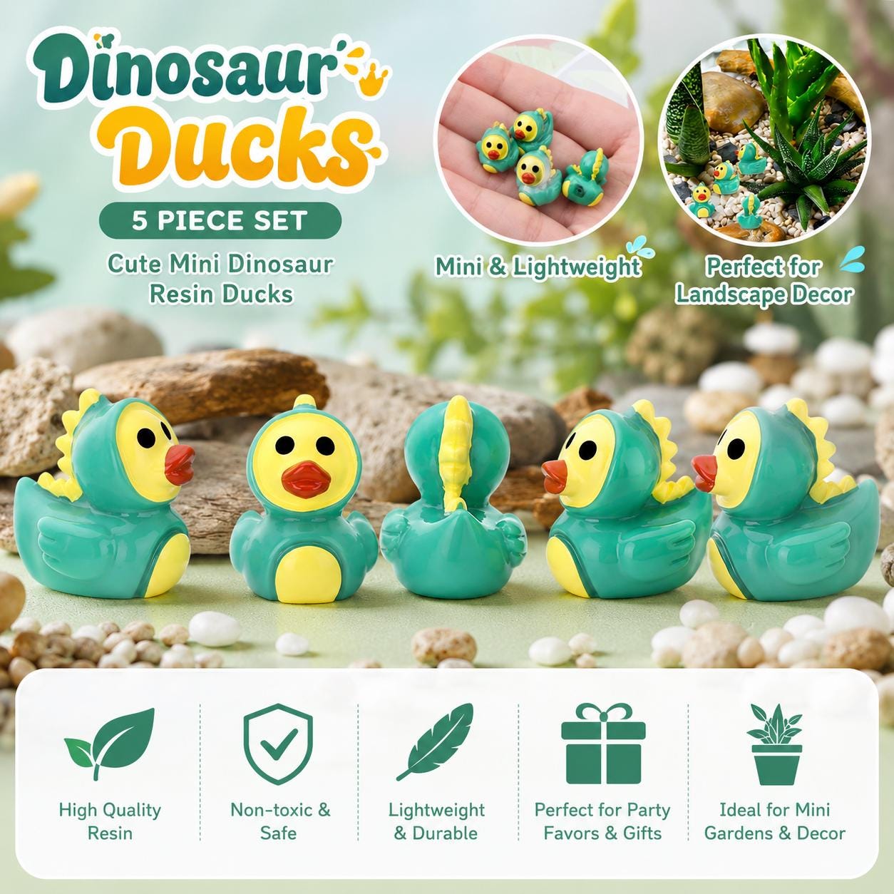 Mini Resin Dinosaur Ducks – 5 Piece Set, Tiny Dinosaur Duck Figurines, Cute Miniature Resin Ducks for Jeep Ducking, Cruise Ducks, Fairy