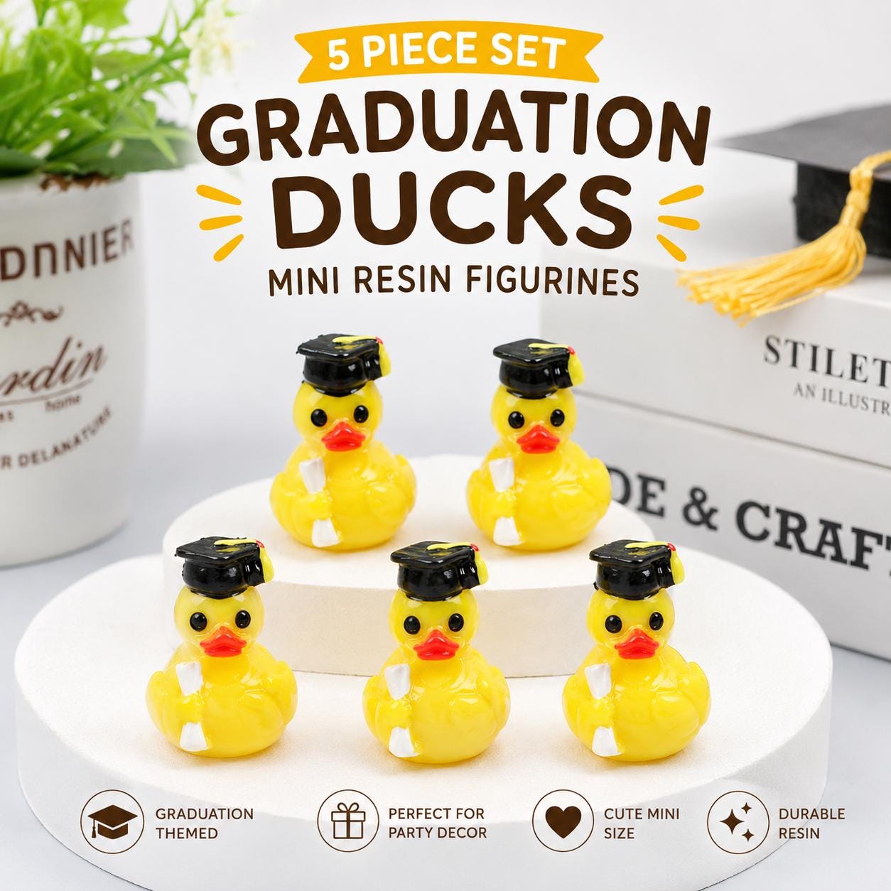 Mini resin ducks – 5pc graduation duck set, tiny graduate ducks with caps & diplomas, graduation party favors, class of 2026 decorations