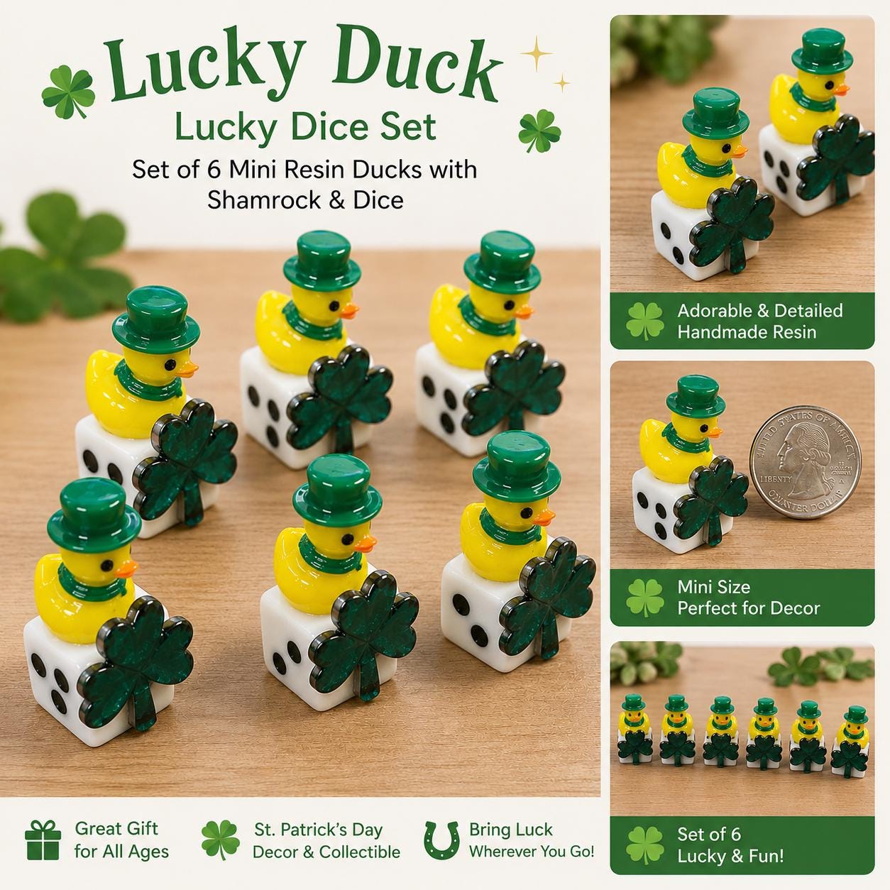Mini Resin Lucky Duck Dice Set – Set of 6 Shamrock Ducks with Green Hats, St. Patrick’s Day Cruise Ducks, Jeep Ducks, Lucky Charm Decor