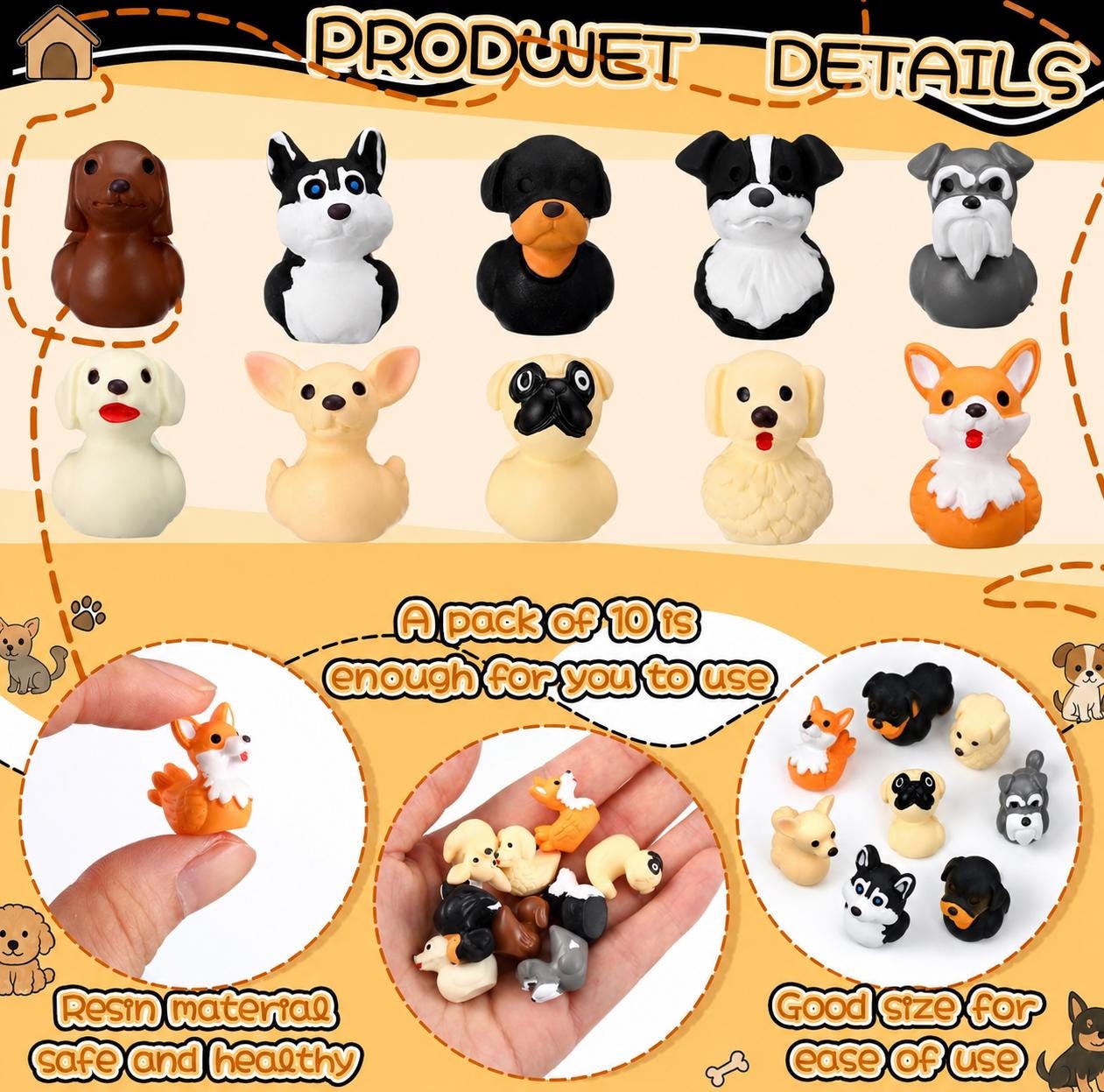 Mini Resin Dog Ducks – 10pc Puppy Dog Duck Figurine Set | Tiny Animal Figures for Cruise Ducks, Jeep Ducks, Crafts, Fairy Gardens & Gifts