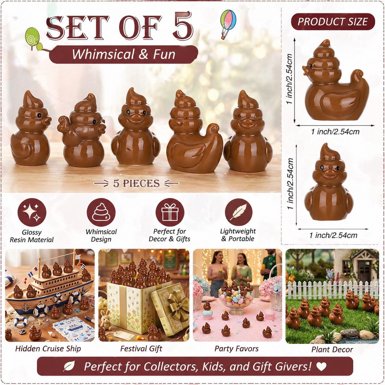 Set of 5 Mini Poop Duck Resin Figurines: Prank Toys, Cruise Ducks, Party Favors