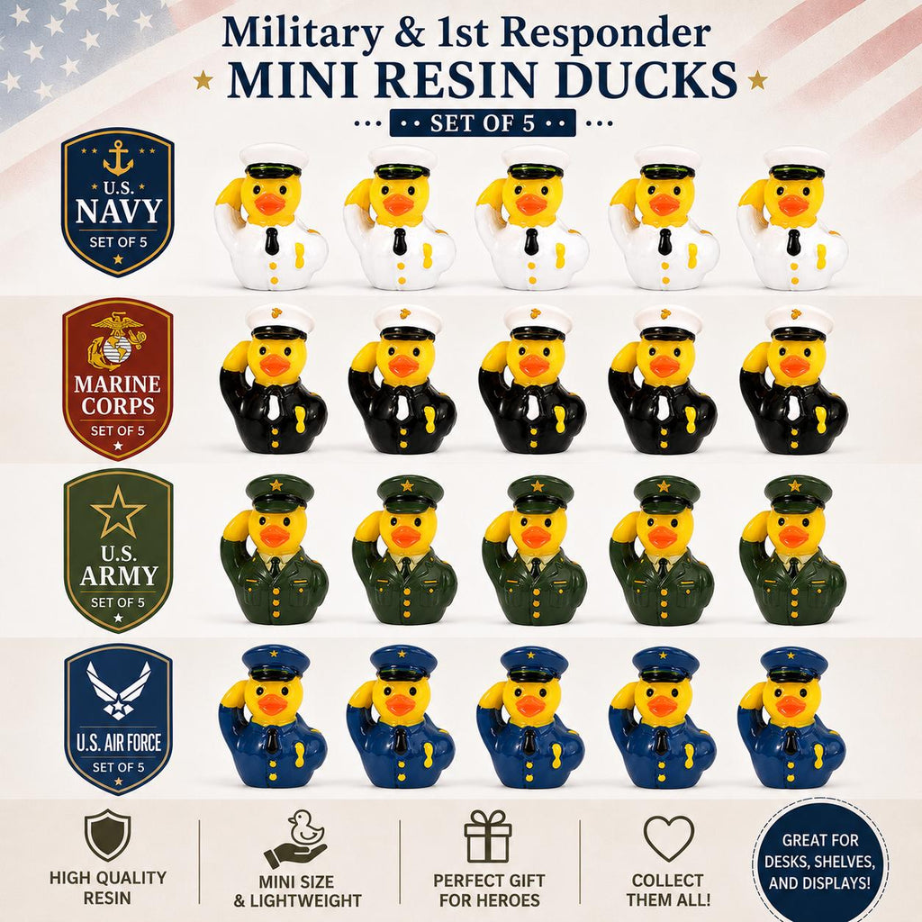 Mini Resin Military Ducks Set of 5 – Navy White Uniform, Air Force Blue, Army Green, Marine Corps Black- Tiny Saluting Ducks for Cruise Duck