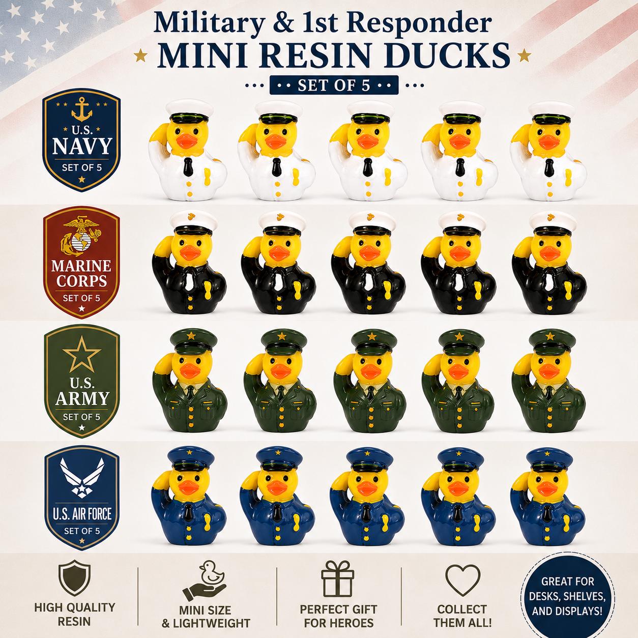 Mini Resin Military Ducks Set of 5 – Navy White Uniform, Air Force Blue, Army Green, Marine Corps Black- Tiny Saluting Ducks for Cruise Duck