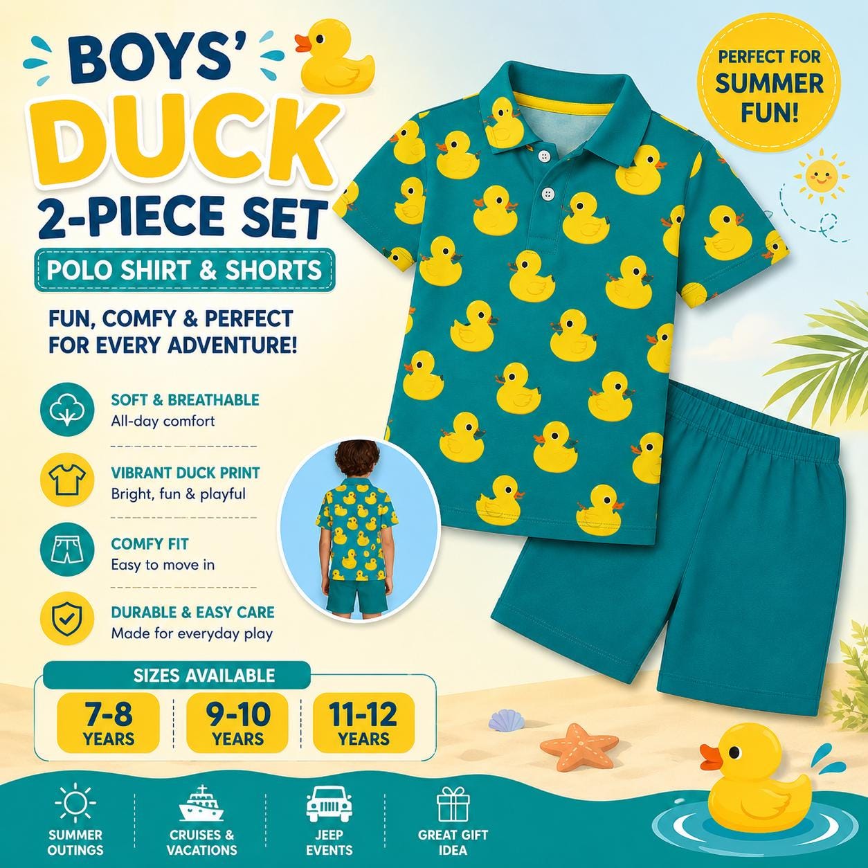 Boys Duck Polo & Shorts Set | Rubber Duck 2-Piece Outfit | Kids Summer Clothes | Cruise Outfit | Duck Lover Gift