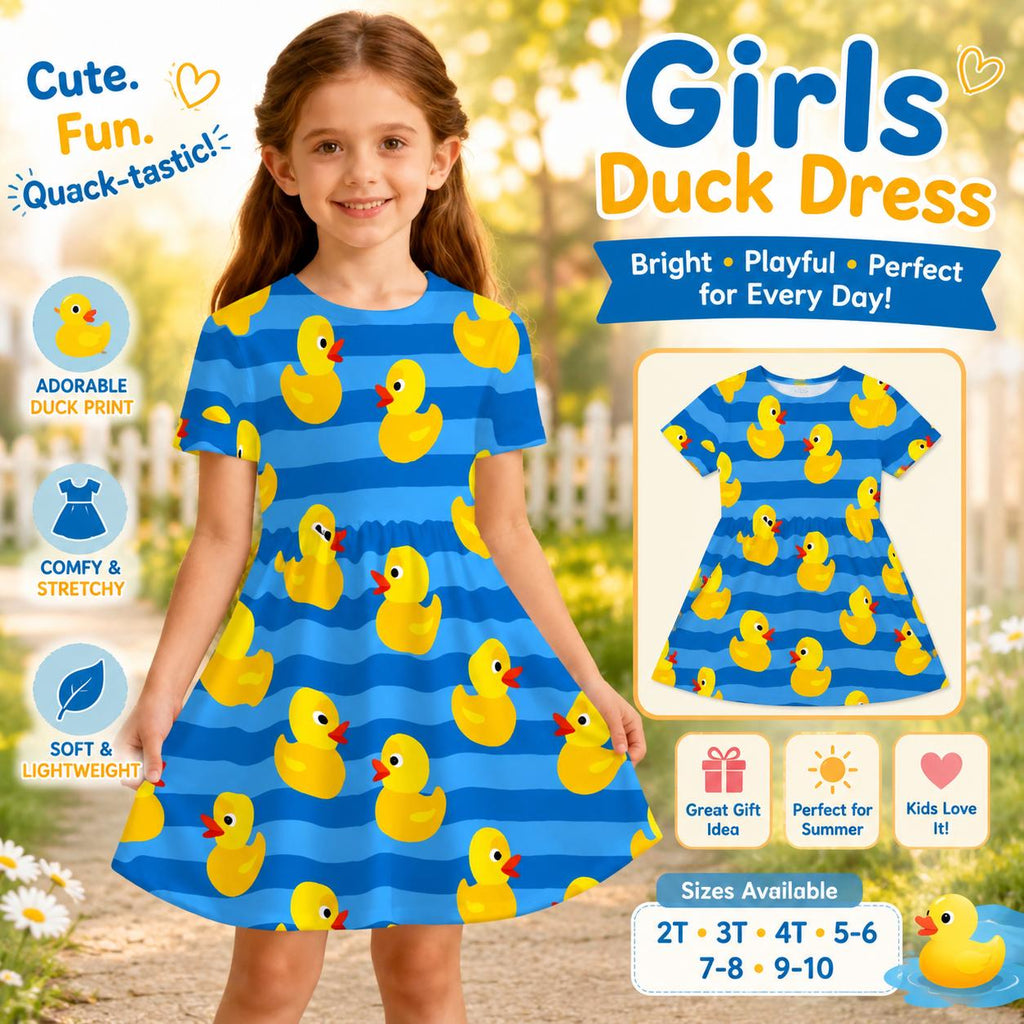 Girls Duck Print Dress | Rubber Duck Summer Dress | Blue Duck Twirl Dress for Kids | Cruise Outfit | Duck Lover Gift