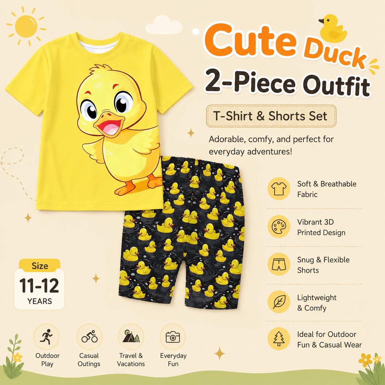Duck Kids Outfit | 2-Piece Duck T-Shirt & Shorts Set | Girls Size 11-12 Years | Cute Summer Clothing | Cruise Duck Gift