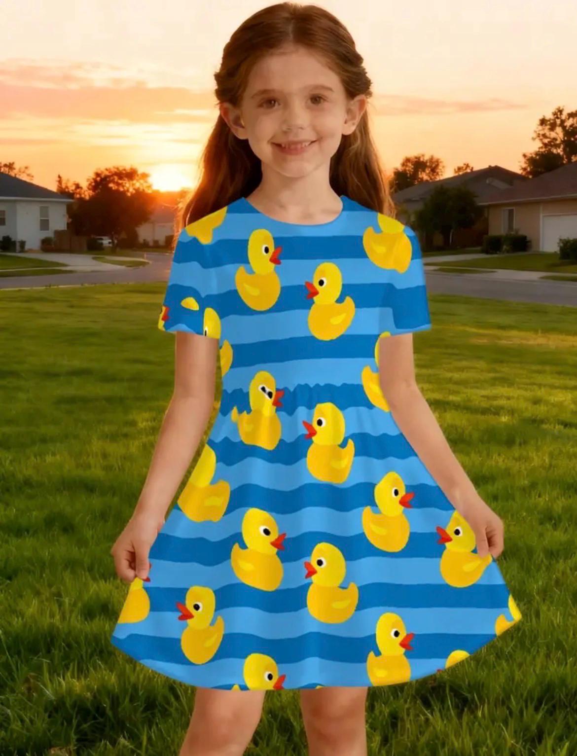 Girls Duck Print Dress | Rubber Duck Summer Dress | Blue Duck Twirl Dress for Kids | Cruise Outfit | Duck Lover Gift