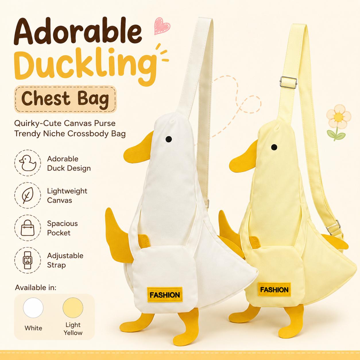 Duck Crossbody Bag | Cute Duckling Canvas Chest Bag | White or Light Yellow Shoulder Purse | Kawaii Duck Gift | Cruise Travel Bag