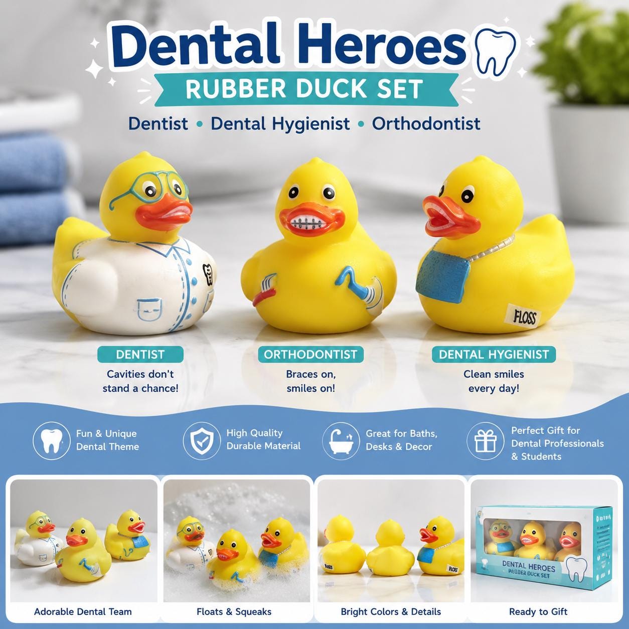 2 INCH - Dental Heroes Rubber Duck Set – Dentist, Orthodontist, Hygienist Fun Decor