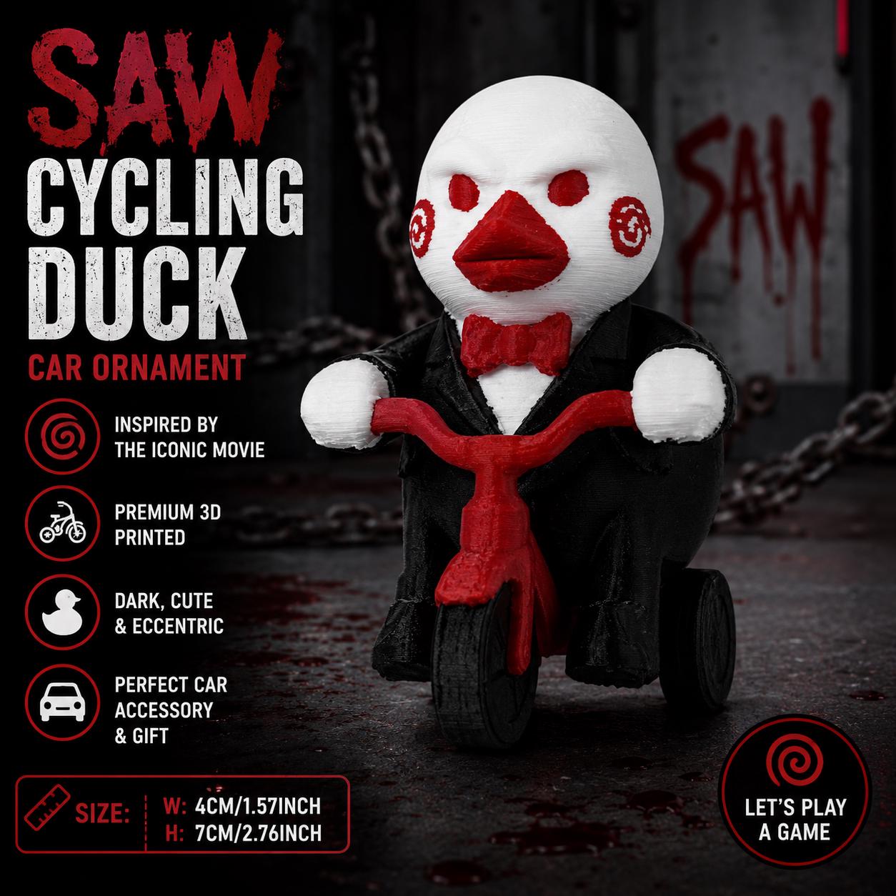 3D Printed SAW Inspired Cycling Duck | Horror Tricycle Duck Ornament | Gothic Creepy Duck Car Accessory | Dark Collectible Gift