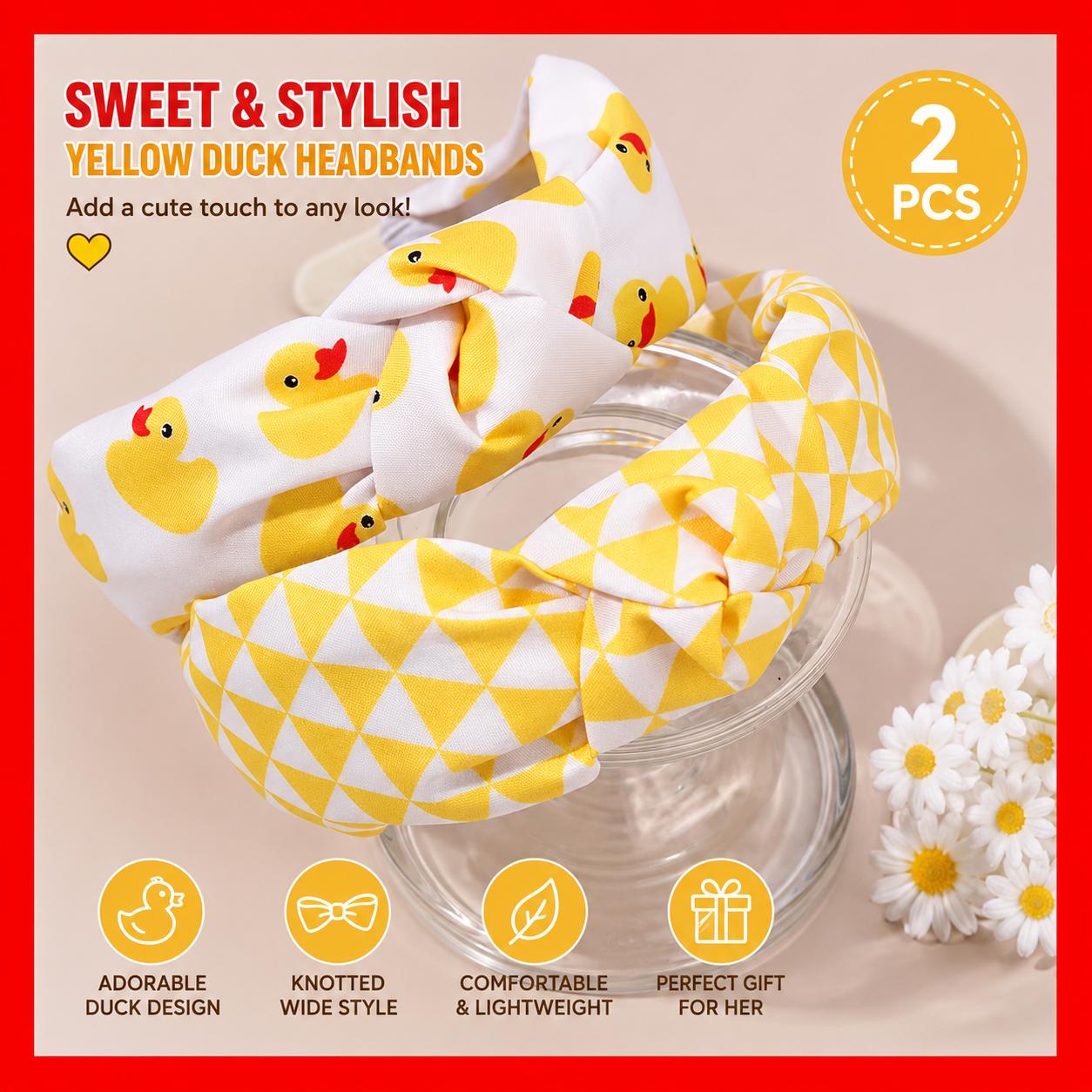 2pcs Yellow Duck Headbands for Women | Cute Knotted Wide Hair Bands | Sweet Duck Print Hair Accessories for Parties & Everyday Wear