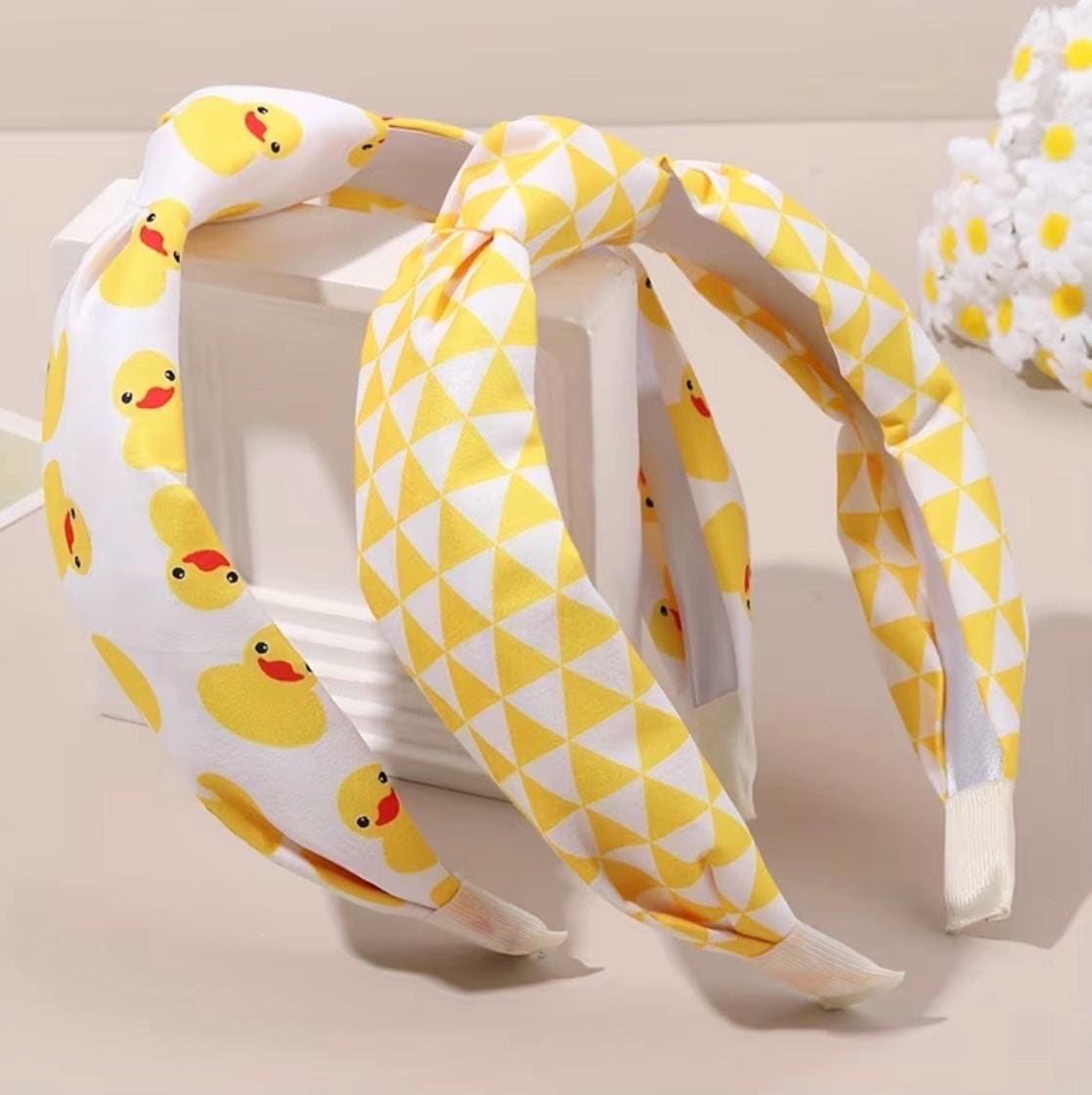 2pcs Yellow Duck Headbands for Women | Cute Knotted Wide Hair Bands | Sweet Duck Print Hair Accessories for Parties & Everyday Wear