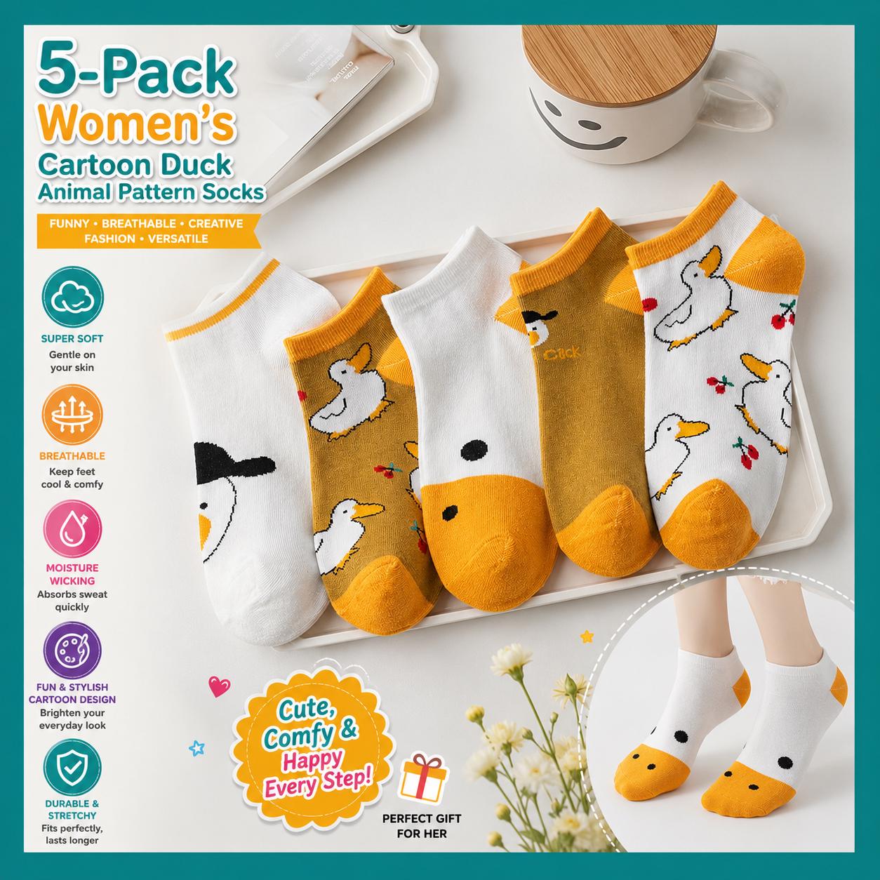 5-Pack Women’s Duck Ankle Socks | Cute Cartoon Duck Socks | Funny Breathable Low Cut Socks | Cozy Casual Happy Socks Gift