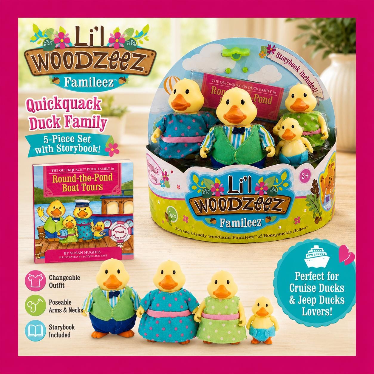 Li’l Woodzeez Quickquack Duck Family Set with Storybook | 5pc Duck Figurines | Cruise Ducks Jeep Ducks Gift for Duck Lovers