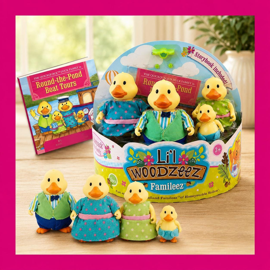 Li’l Woodzeez Quickquack Duck Family Set with Storybook | 5pc Duck Figurines | Cruise Ducks Jeep Ducks Gift for Duck Lovers