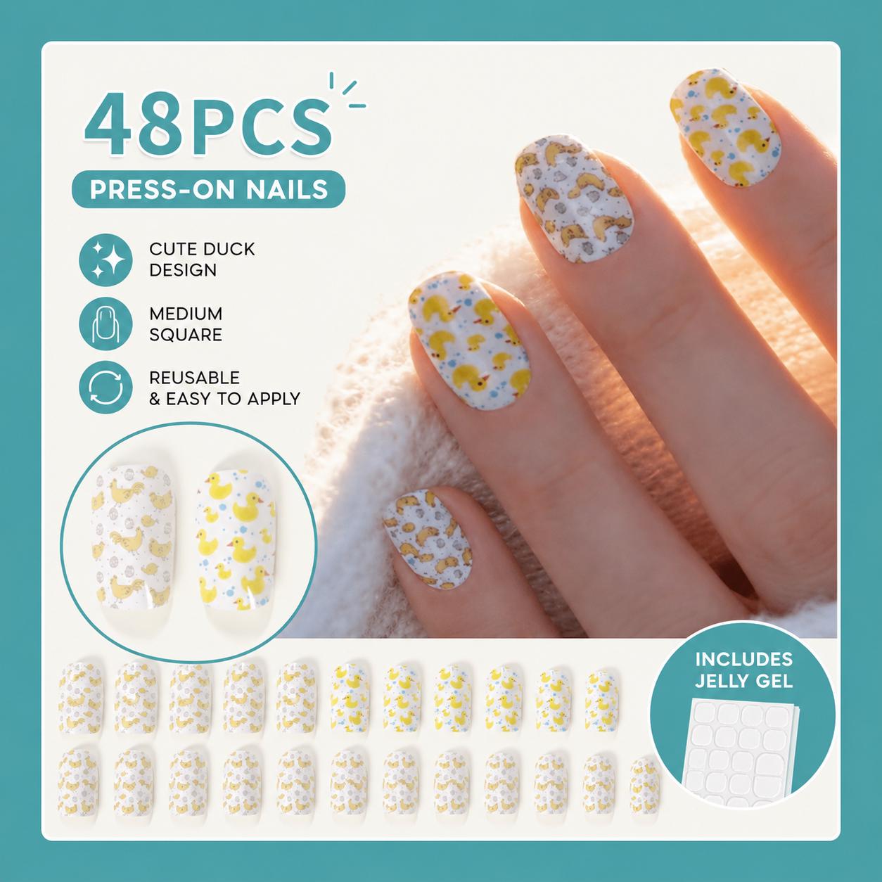 Duck Press On Nails Set – 48pcs Yellow White Cartoon Duck Medium Square Reusable False Nails with Jelly Gel – Cruise Jeep Cute Nails