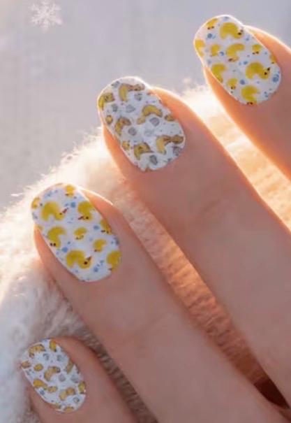 Duck Press On Nails Set – 48pcs Yellow White Cartoon Duck Medium Square Reusable False Nails with Jelly Gel – Cruise Jeep Cute Nails