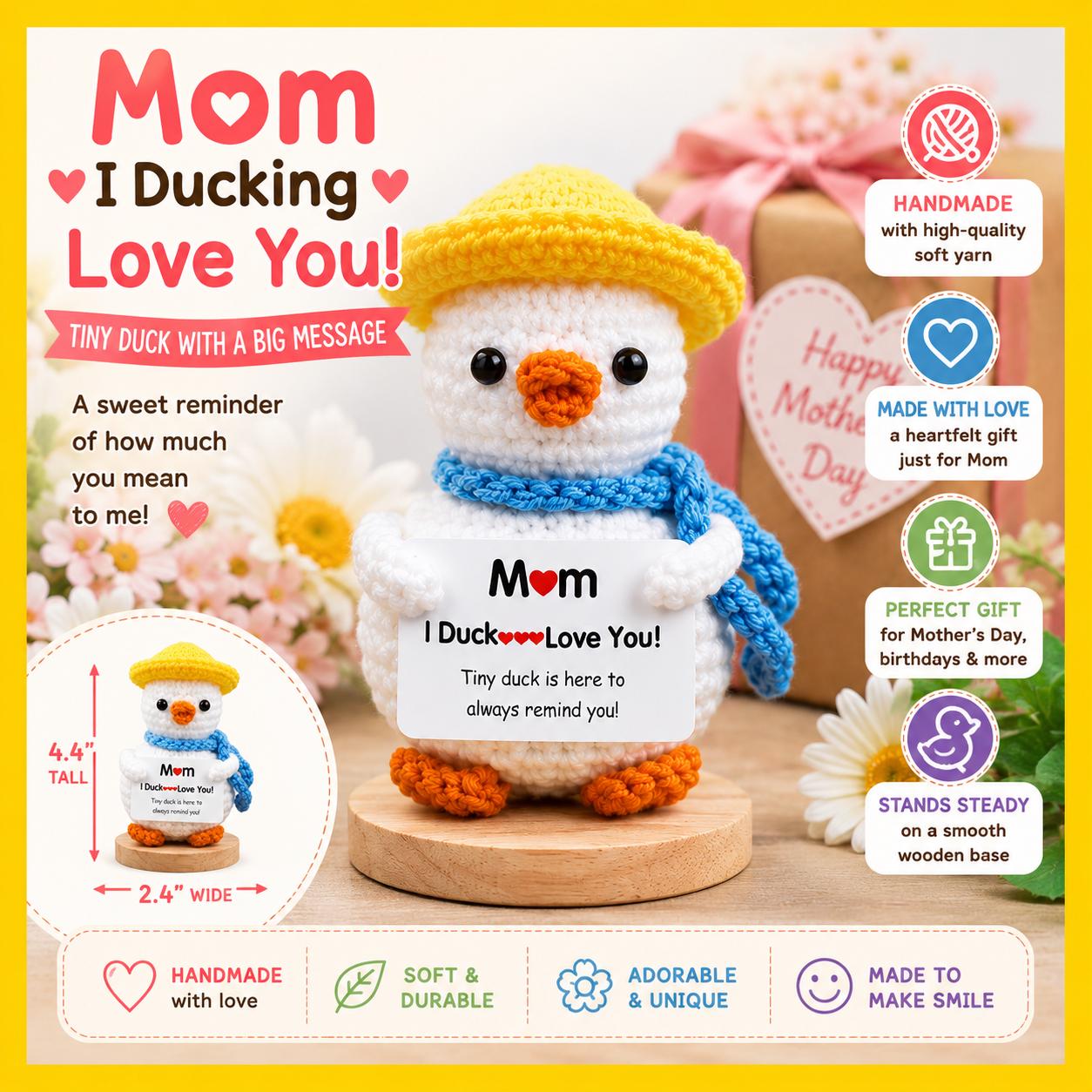 Handmade Crochet Duck for Mom Gift – “Mom I Ducking Love You” Plush Duck Decor, Cute Mother’s Day Gift, Desk Shelf Duck Ornament