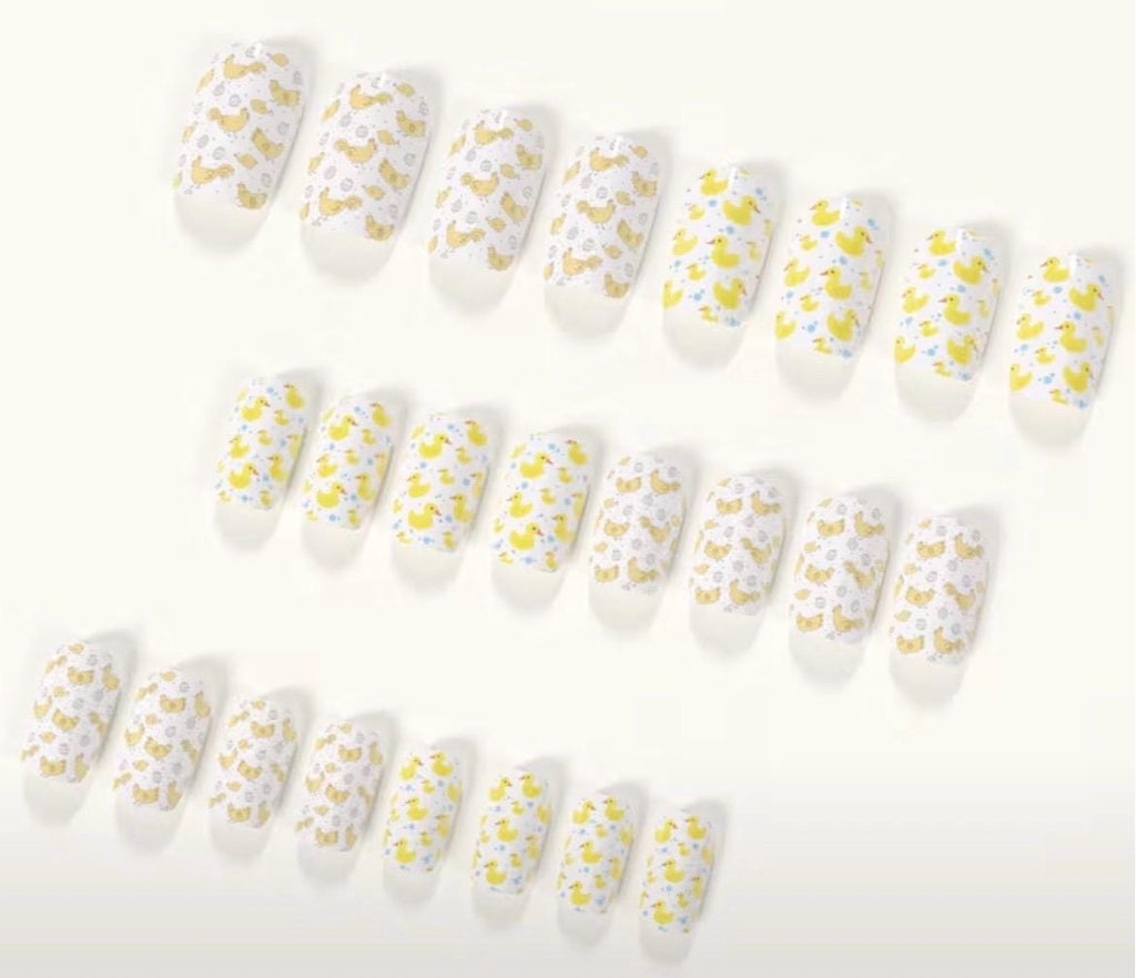Duck Press On Nails Set – 48pcs Yellow White Cartoon Duck Medium Square Reusable False Nails with Jelly Gel – Cruise Jeep Cute Nails