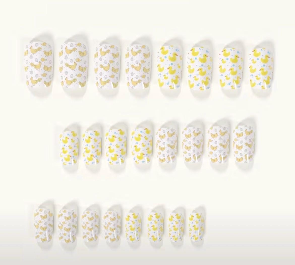 Duck Press On Nails Set – 48pcs Yellow White Cartoon Duck Medium Square Reusable False Nails with Jelly Gel – Cruise Jeep Cute Nails