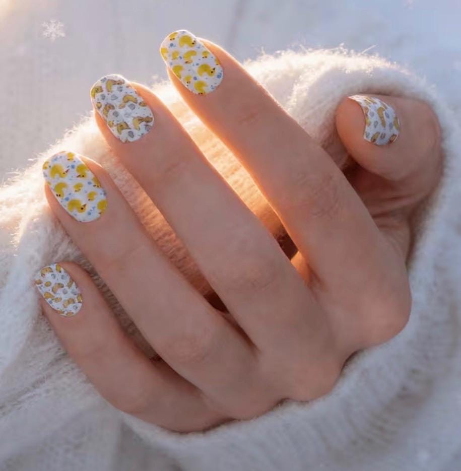 Duck Press On Nails Set – 48pcs Yellow White Cartoon Duck Medium Square Reusable False Nails with Jelly Gel – Cruise Jeep Cute Nails