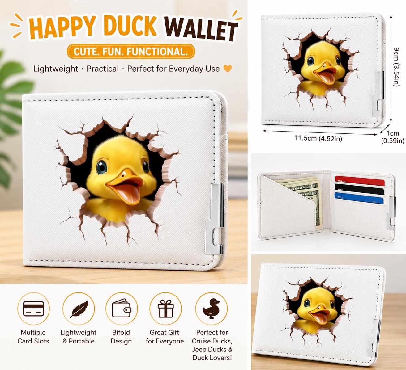 Happy Duck Wallet – Cute Duck Breakthrough Bifold Wallet, Lightweight Card Holder Wallet, Cruise Duck Jeep Duck Gift