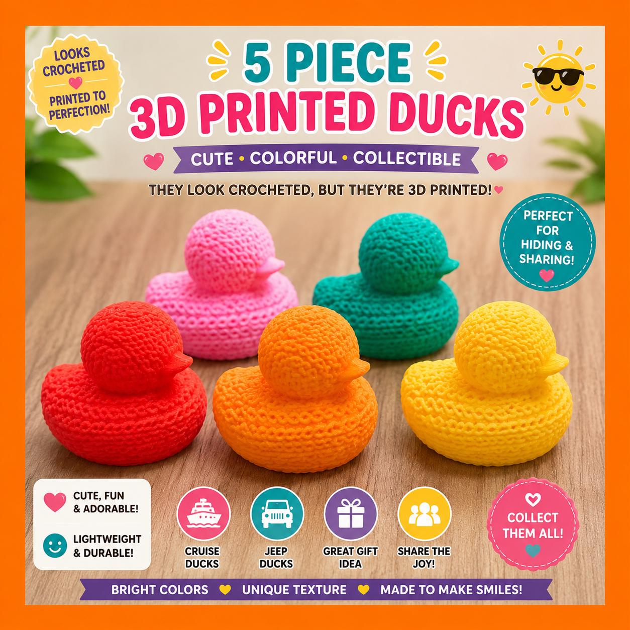 3D Printed Mini Crochet Duck Set of 5 – Colorful Tiny Cruise Ducks, Jeep Ducks, Cute Pocket Duck Collection