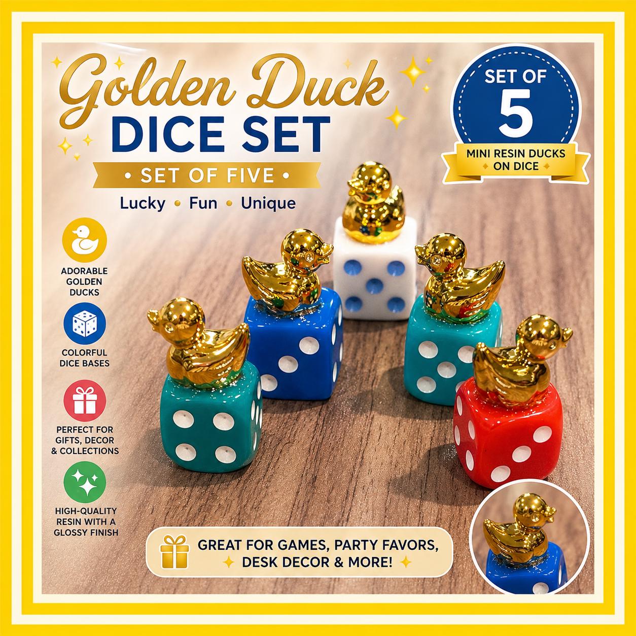 Golden Mini Resin Duck Dice Set of 5 | Lucky Gold Duck Figurines on Colorful Dice | Cruise Ducks Jeep Ducks Party Favor Décor