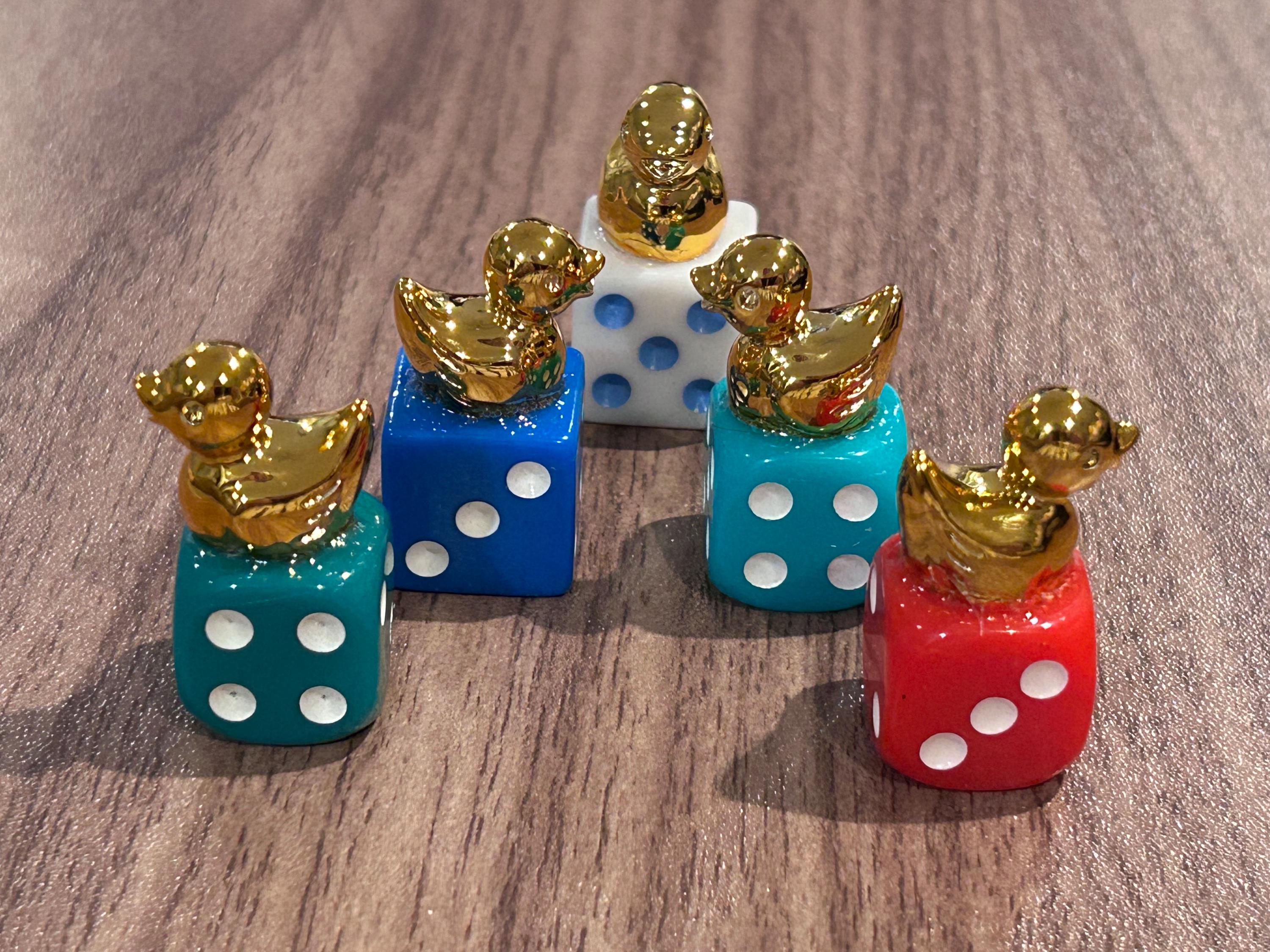 Golden Mini Resin Duck Dice Set of 5 | Lucky Gold Duck Figurines on Colorful Dice | Cruise Ducks Jeep Ducks Party Favor Décor