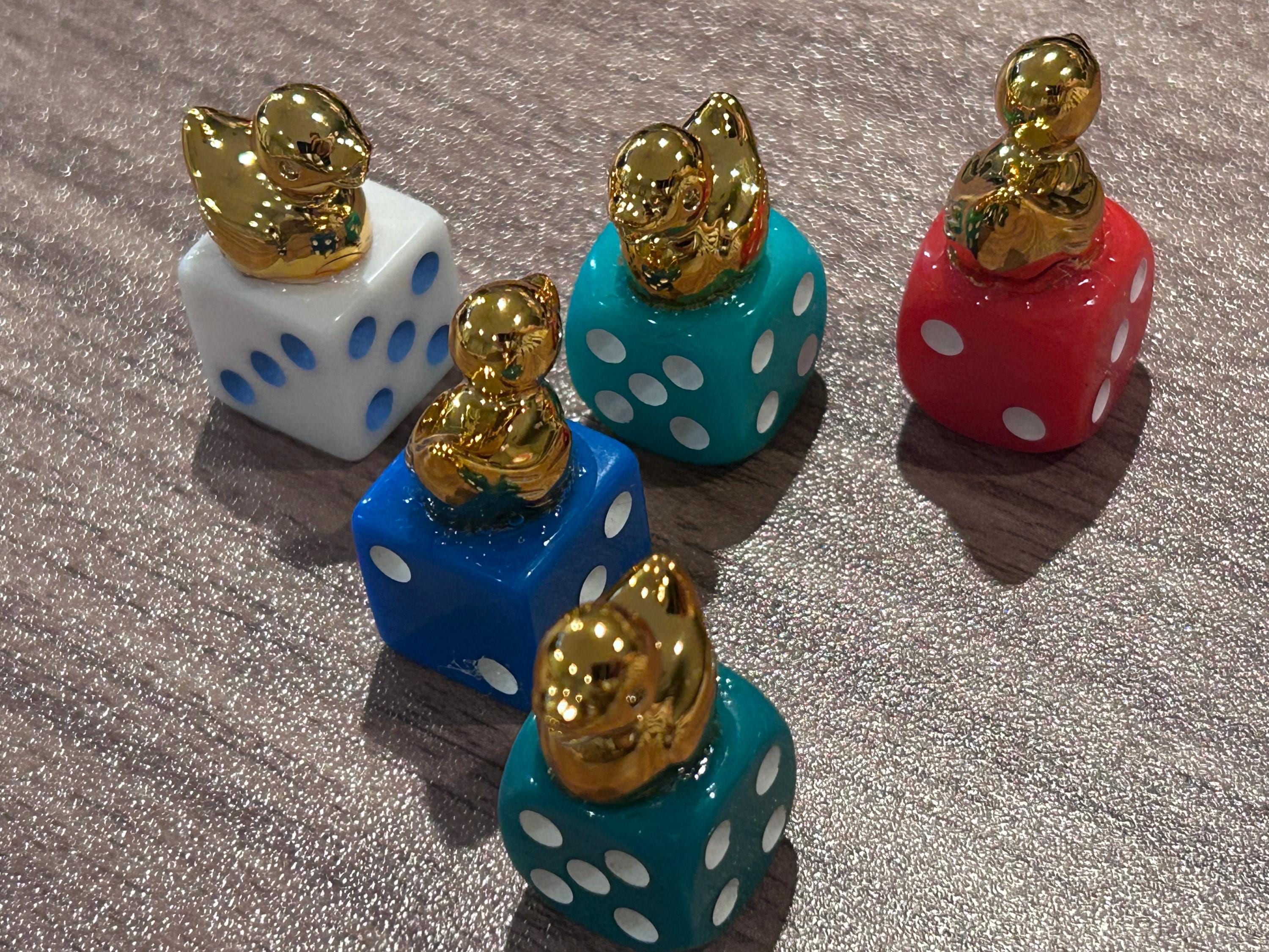 Golden Mini Resin Duck Dice Set of 5 | Lucky Gold Duck Figurines on Colorful Dice | Cruise Ducks Jeep Ducks Party Favor Décor