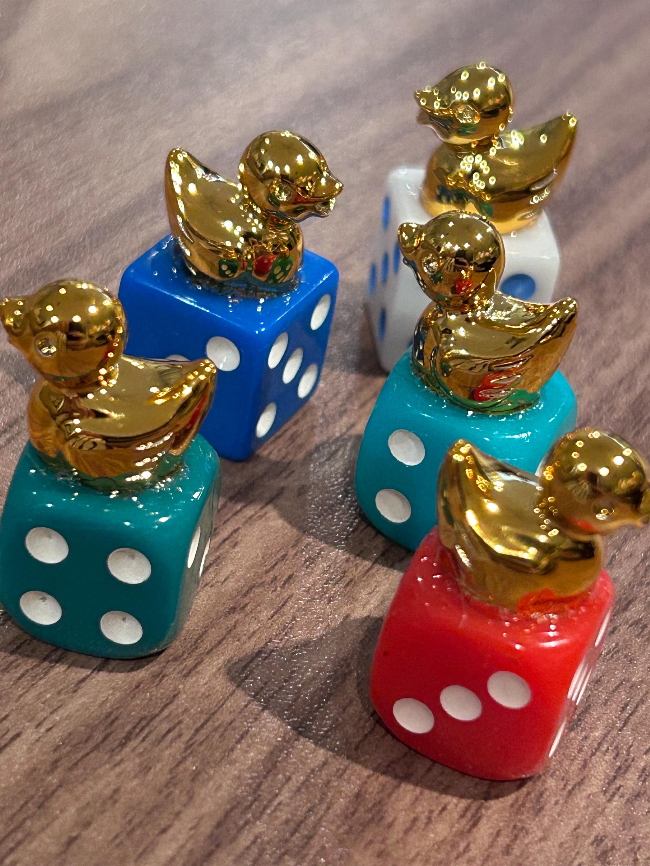 Golden Mini Resin Duck Dice Set of 5 | Lucky Gold Duck Figurines on Colorful Dice | Cruise Ducks Jeep Ducks Party Favor Décor