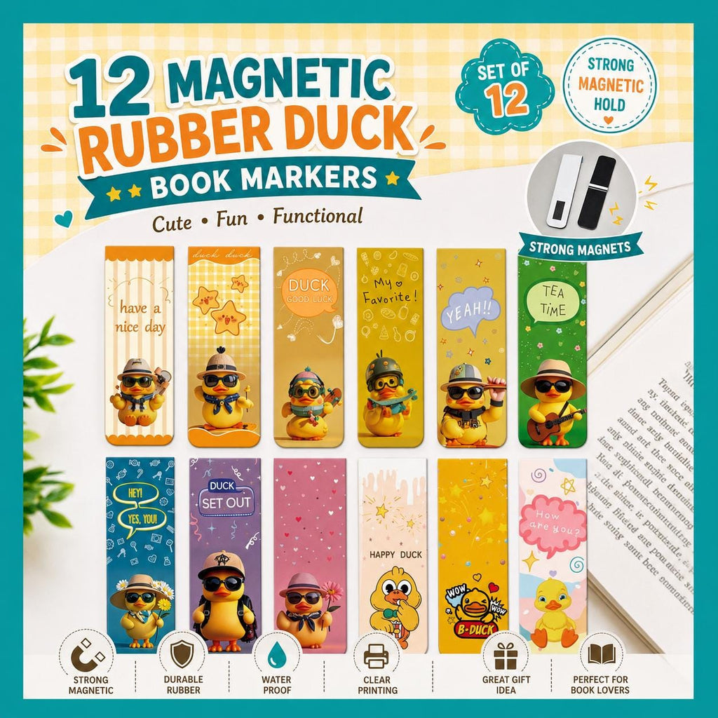 12pcs Magnetic Rubber Duck Bookmarks – Cute Duck Page Markers for Readers, Teachers, Students, Journals, Cruise Gifts & Book Lovers