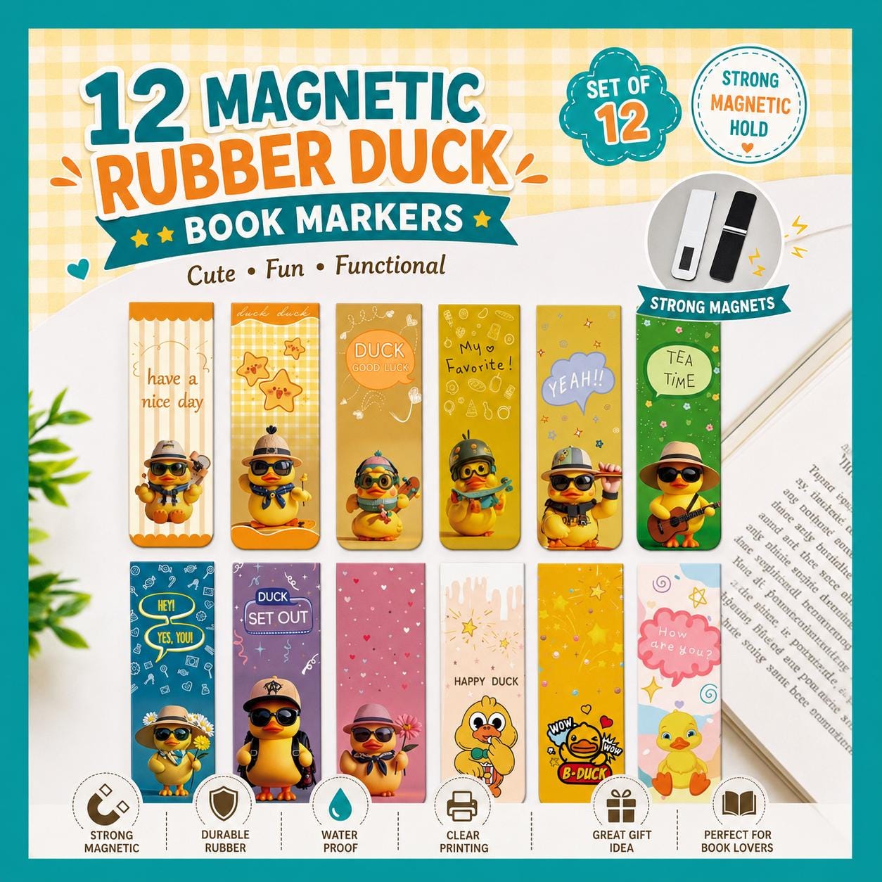 12pcs Magnetic Rubber Duck Bookmarks – Cute Duck Page Markers for Readers, Teachers, Students, Journals, Cruise Gifts & Book Lovers