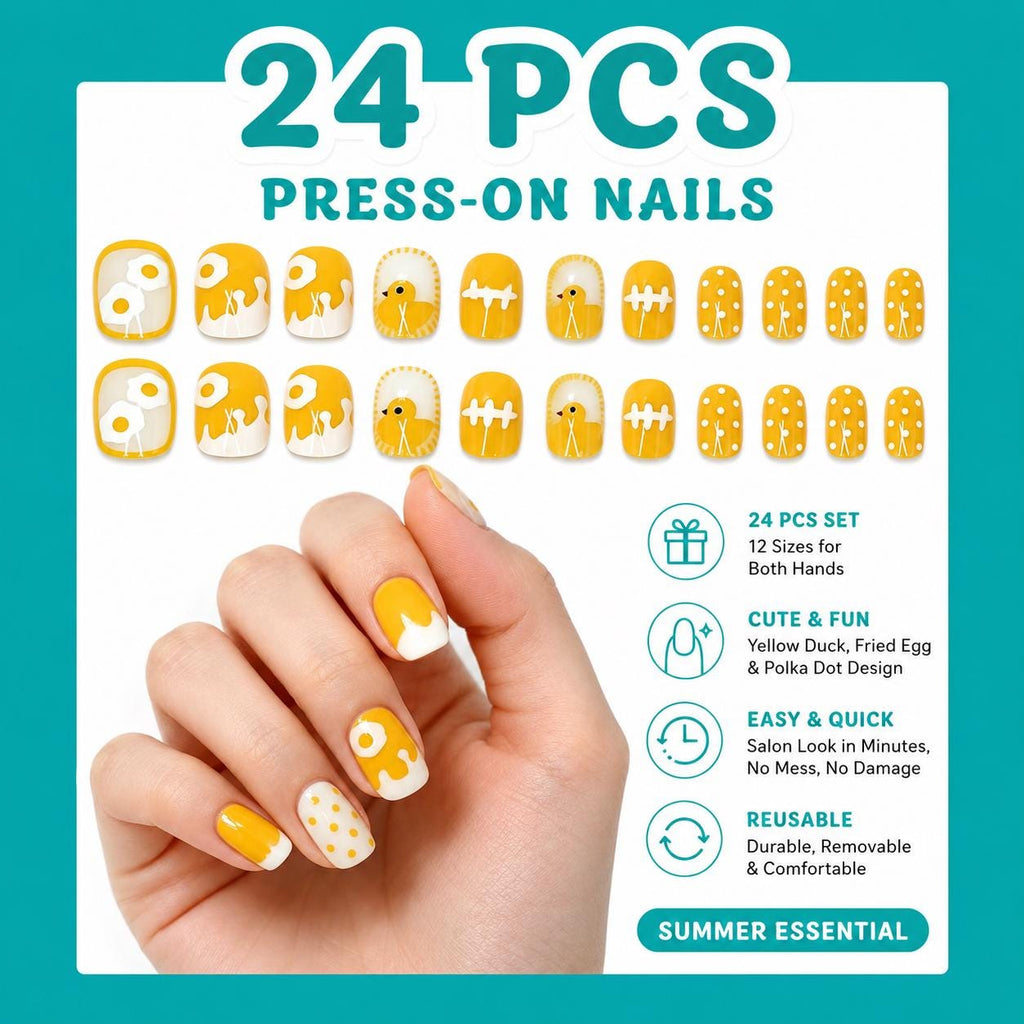 24pc Yellow Duck Fried Egg Press On Nails – Cute Summer Square Fake Nails, Yellow & White Polka Dot Reusable Nail Set