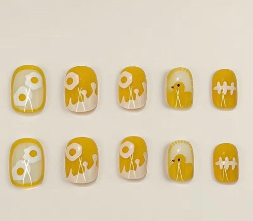 24pc Yellow Duck Fried Egg Press On Nails – Cute Summer Square Fake Nails, Yellow & White Polka Dot Reusable Nail Set