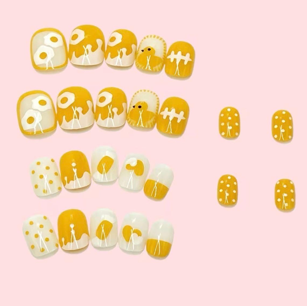 24pc Yellow Duck Fried Egg Press On Nails – Cute Summer Square Fake Nails, Yellow & White Polka Dot Reusable Nail Set